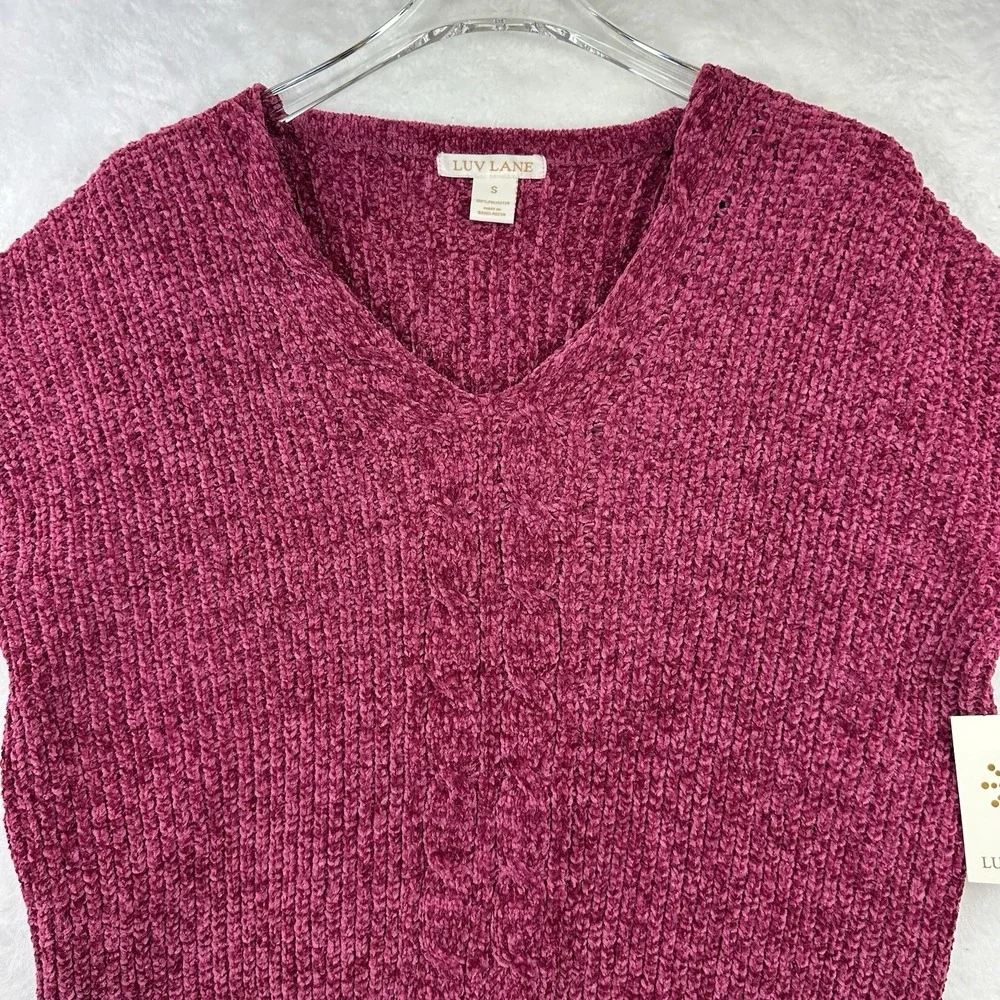 Luv Lane NWT Womens Long Sleeve Pullover Sweater Chenille Size S Dark Pink